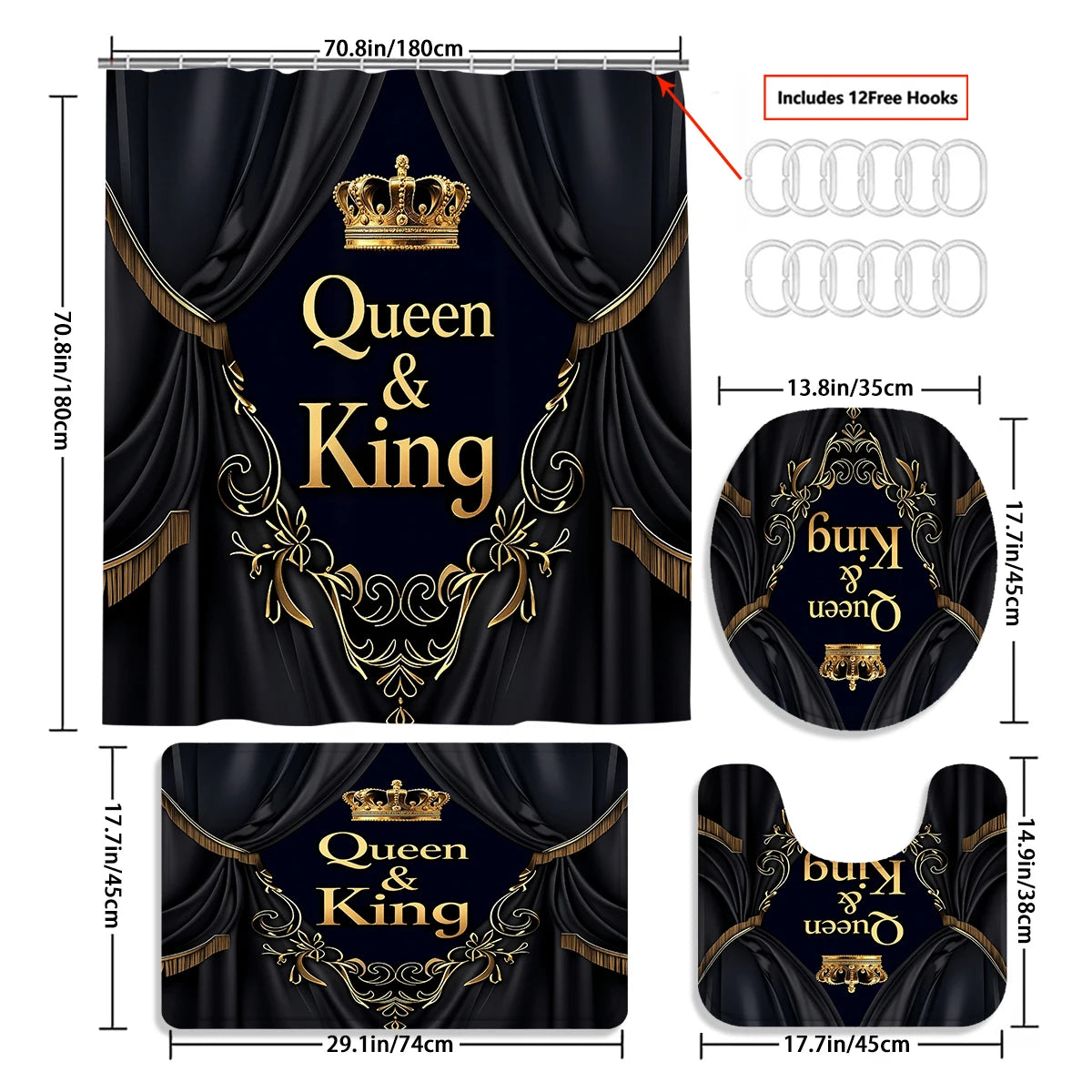 Queen And King Crown Shower Curtain Set With Hooks Luxury Print