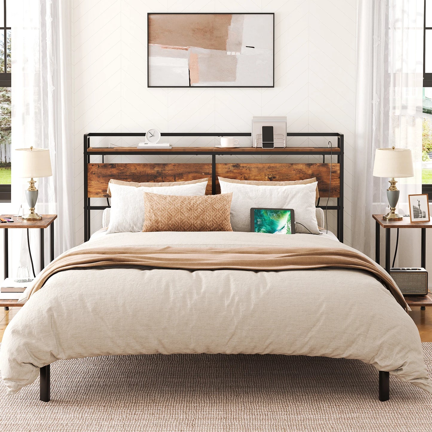 Wood Headboard With Outlets And USB Ports, Adjustable Storage Rack