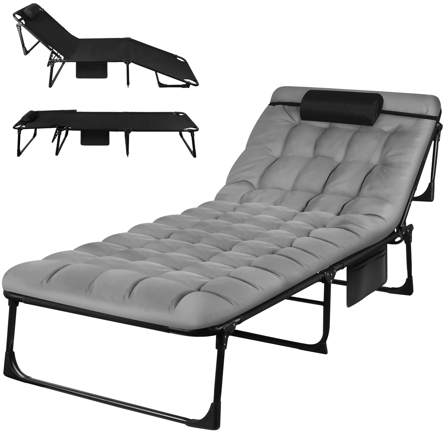 Portable Folding Camping Cot With Pillow And 3-Position Reclining Lounger