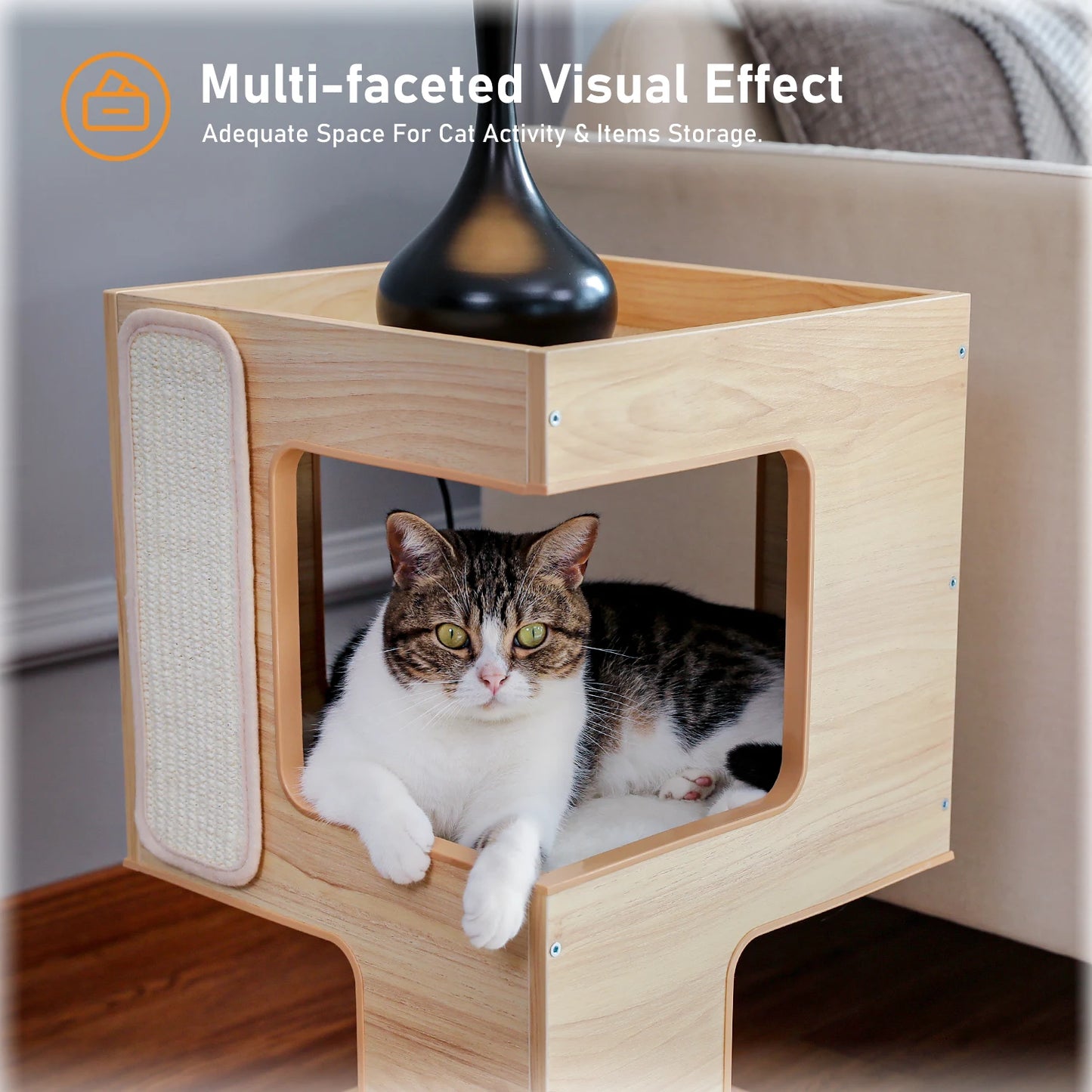 PAWZ Road Wood Cat Condo House Bed With Removable Mats And Scratching Pad
