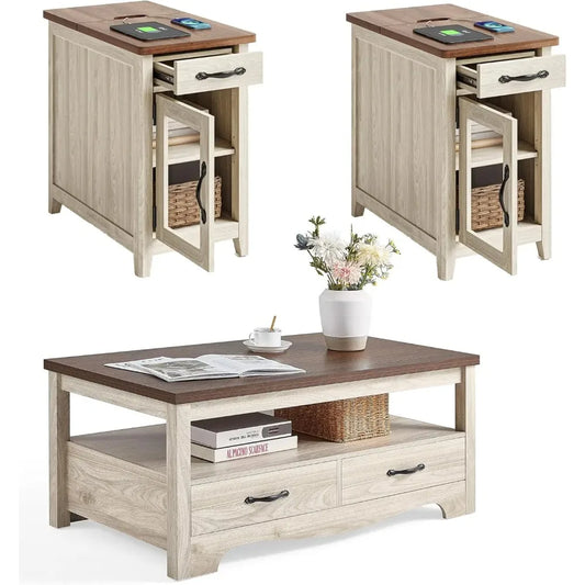 Farmhouse Style 3-Piece Coffee Table Set For Living Room