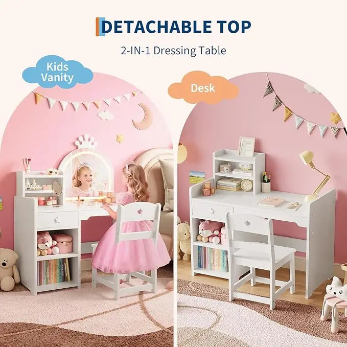 HiMISS Kids Vanity With Lights 2-in-1 Makeup Desk Chair