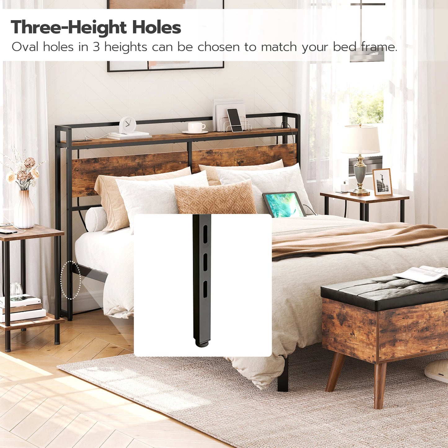 Wood Headboard With Outlets And USB Ports, Adjustable Storage Rack