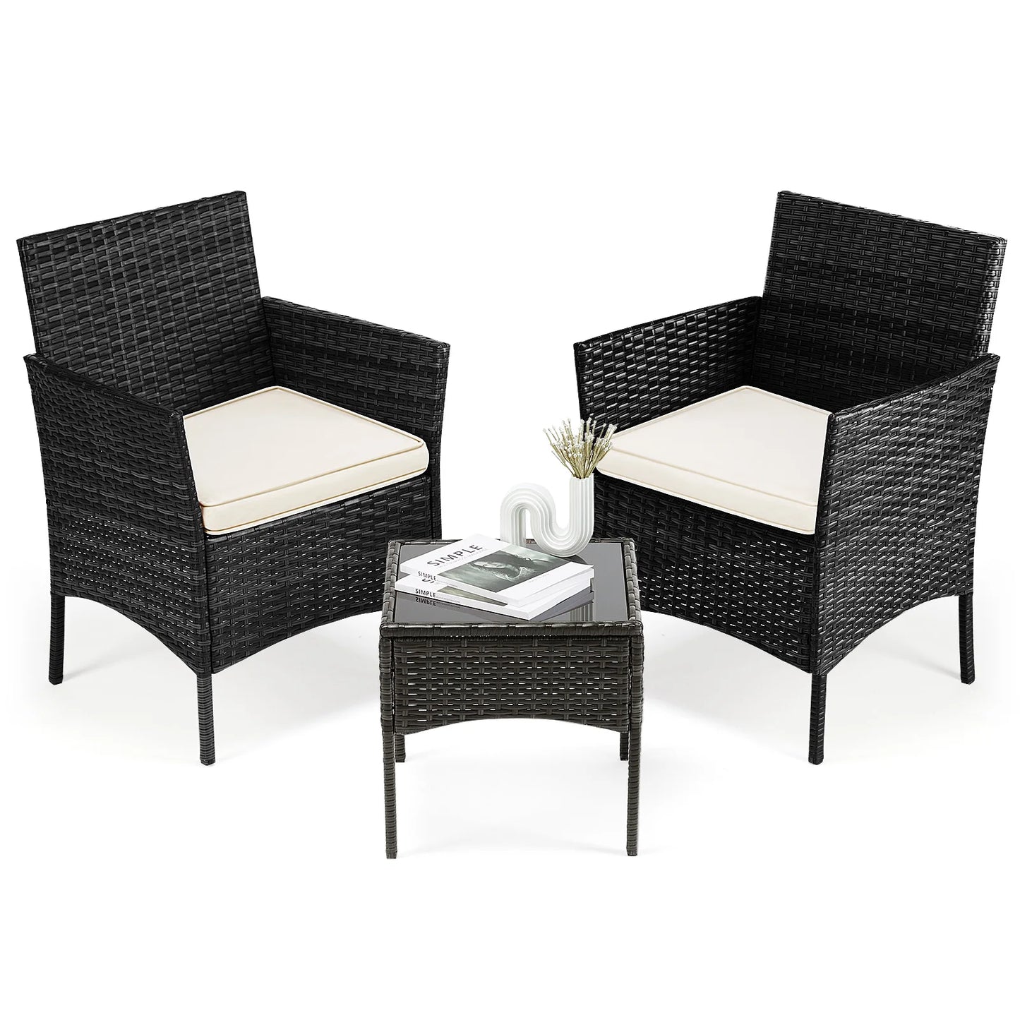 JHK Outdoor Rattan Patio Furniture Set With Wicker Chairs And Glass Table