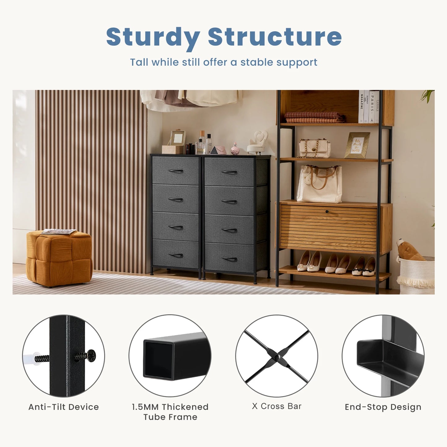 JHK Modern Dresser With 4 Fabric Drawers And Steel Frame