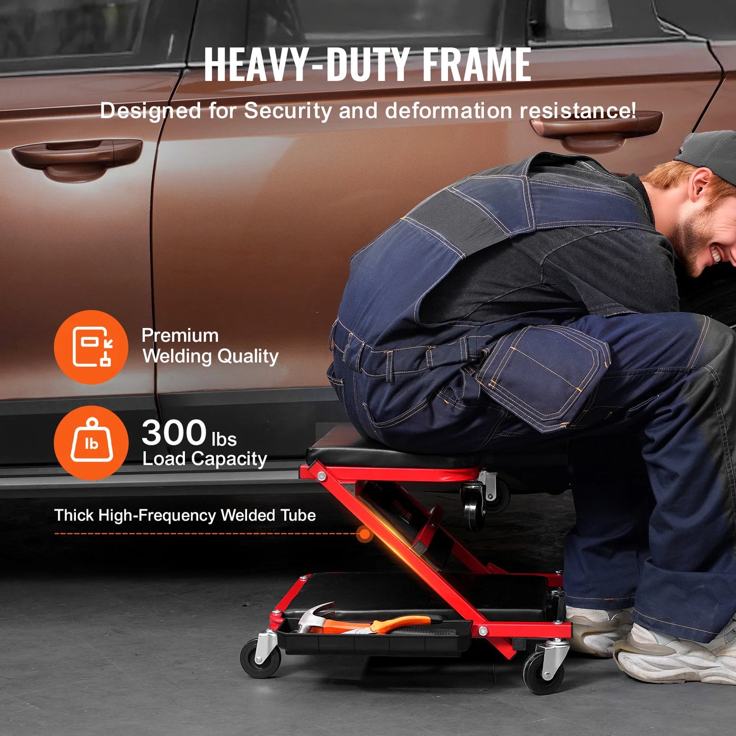 Foldable Garage Creeper Stool With Wheels Padded Seat Tool Tray