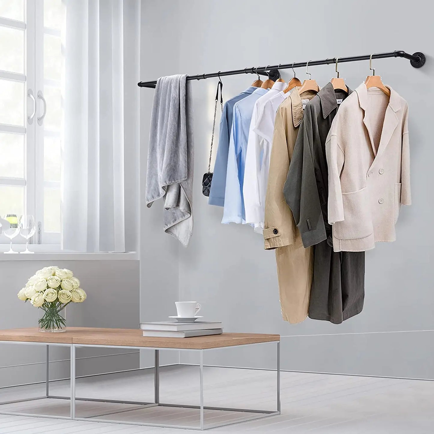 Industrial Pipe Clothes Rack With Wall Mount Shelf And Hooks