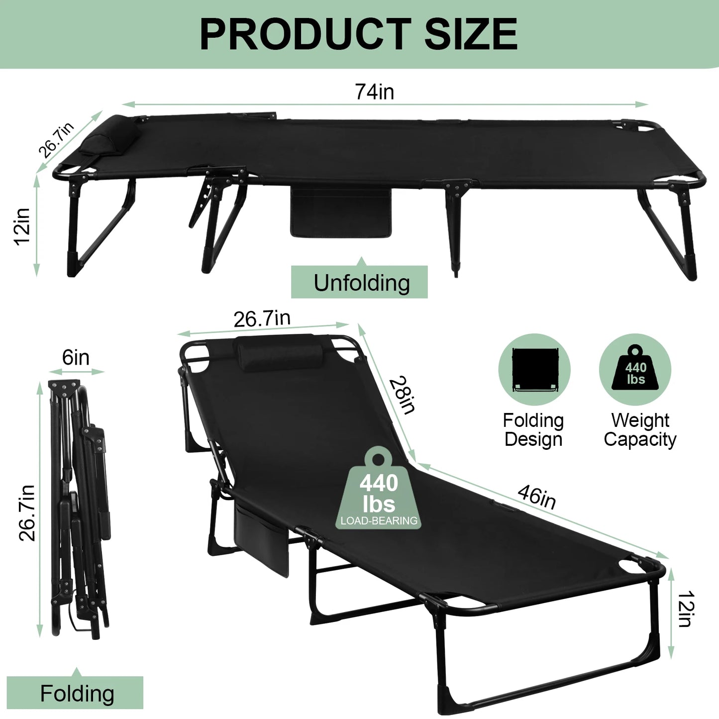 Portable Folding Camping Cot With Pillow And 3-Position Reclining Lounger