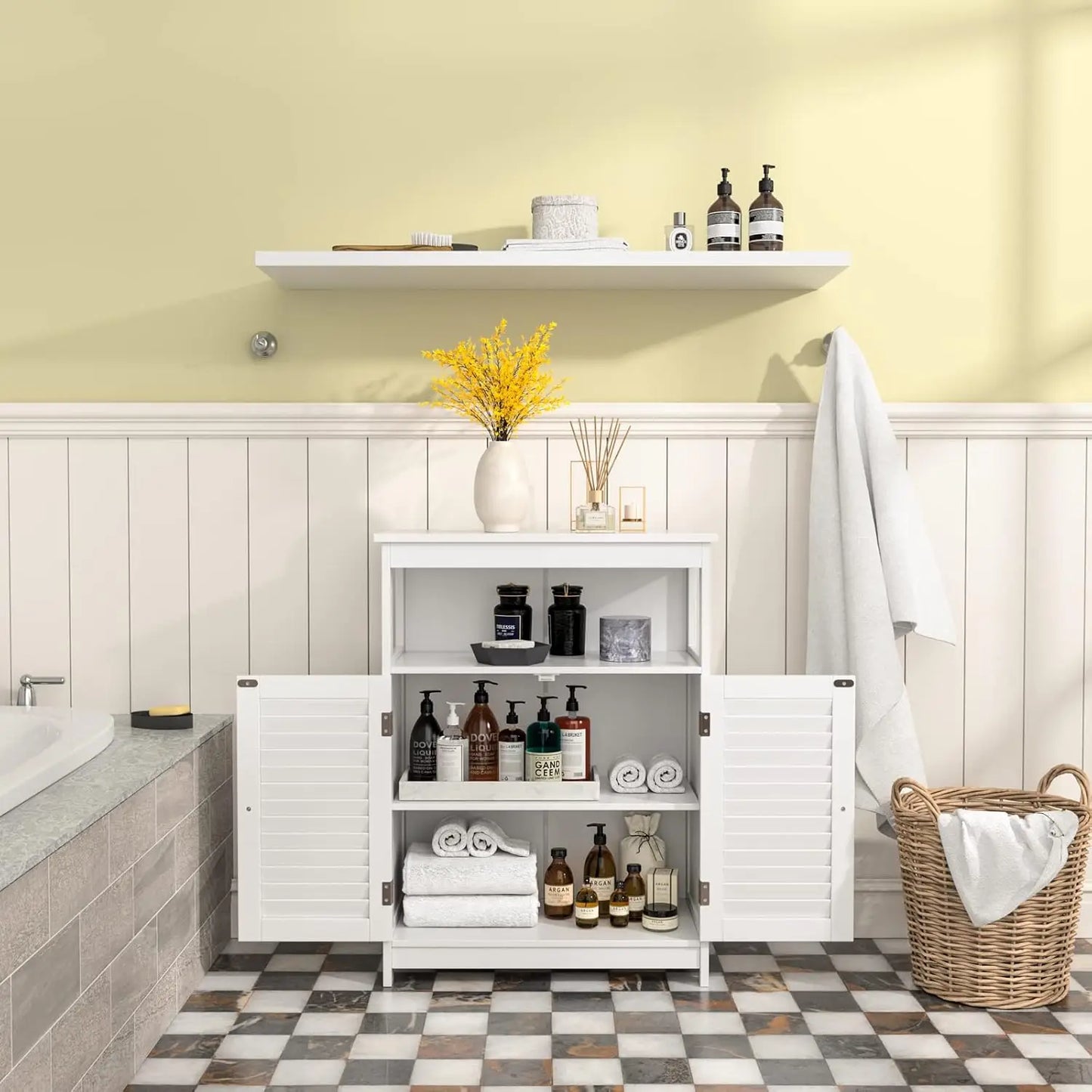 Bathroom Floor Cabinet With Double Shutter Doors And Adjustable Shelf