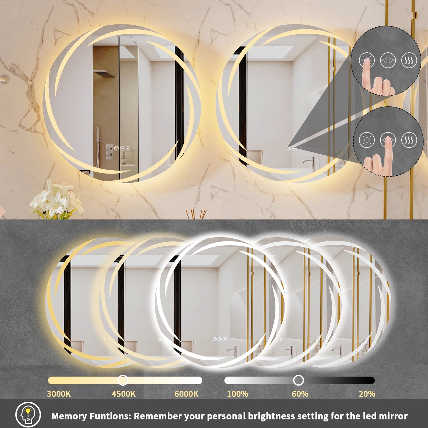 LED Backlit Round Anti-Fog Bathroom Vanity Mirror Shatterproof