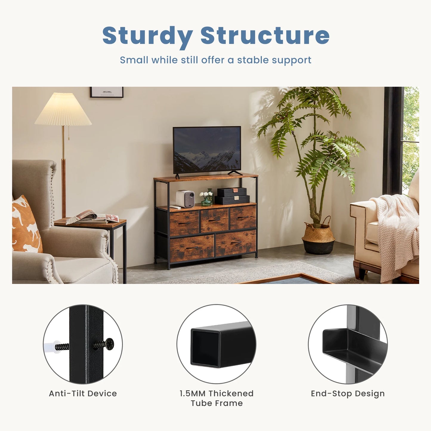 JHK Fireplace TV Stand Dresser With Fabric Drawers And Storage