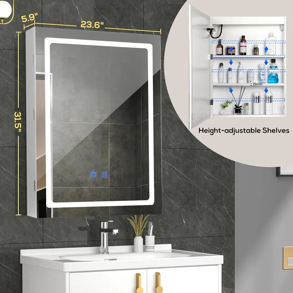 Anti-Fog Lighted Bathroom Medicine Mirror Cabinet, Medicine Cabinet with Mirror and Lights, Dimmable, Adjustable Shelves