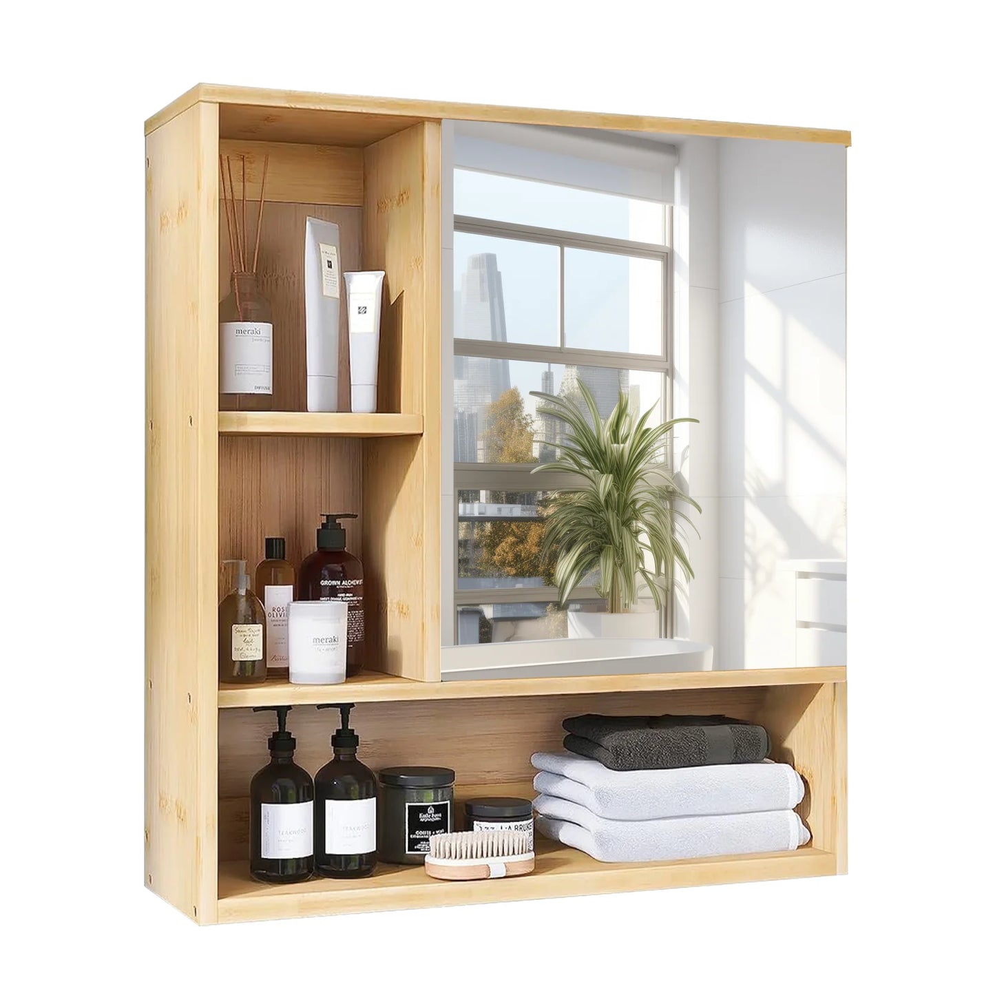 Wisfor Bamboo Bathroom Cabinet With Mirror And Storage Shelves