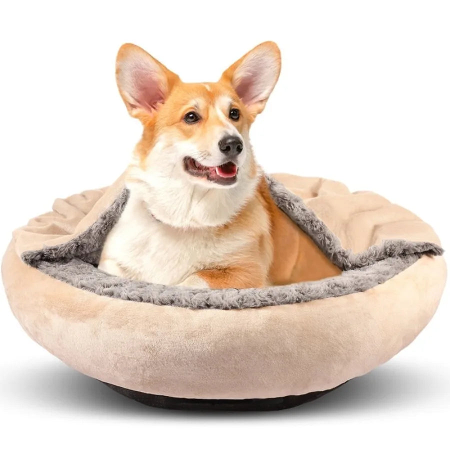 Donut Dog Bed With Hooded Blanket For Calming Comfort