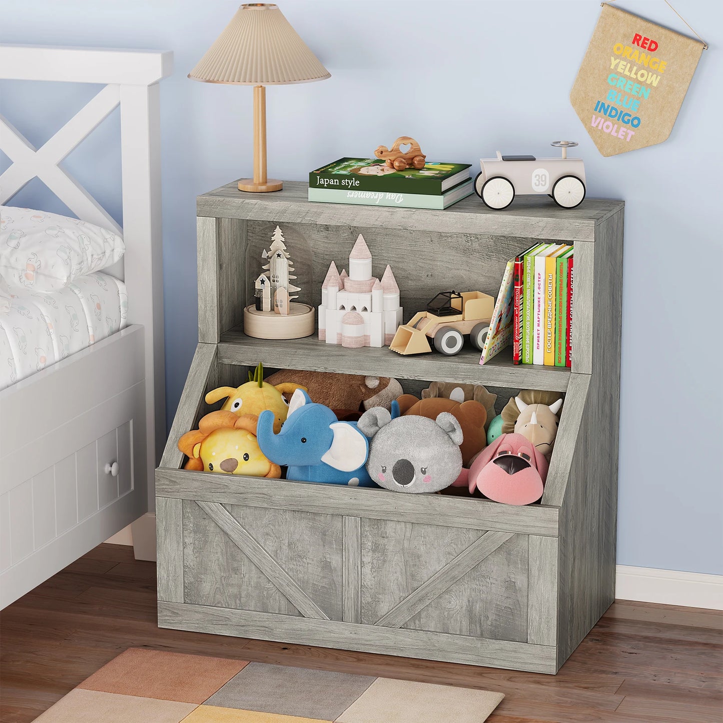Wooden Kids Bookshelf With Cubby Toy Storage Organizer