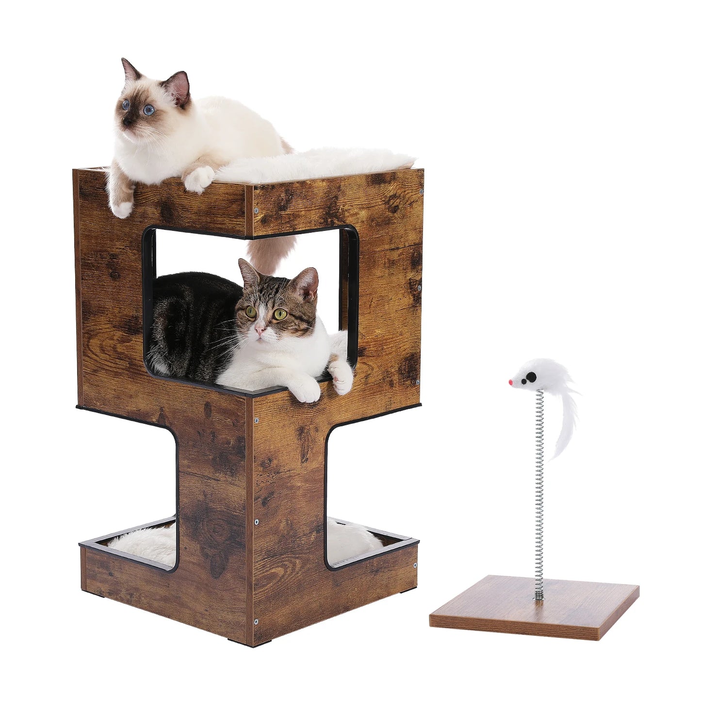 PAWZ Road Wood Cat Condo House Bed With Removable Mats And Scratching Pad