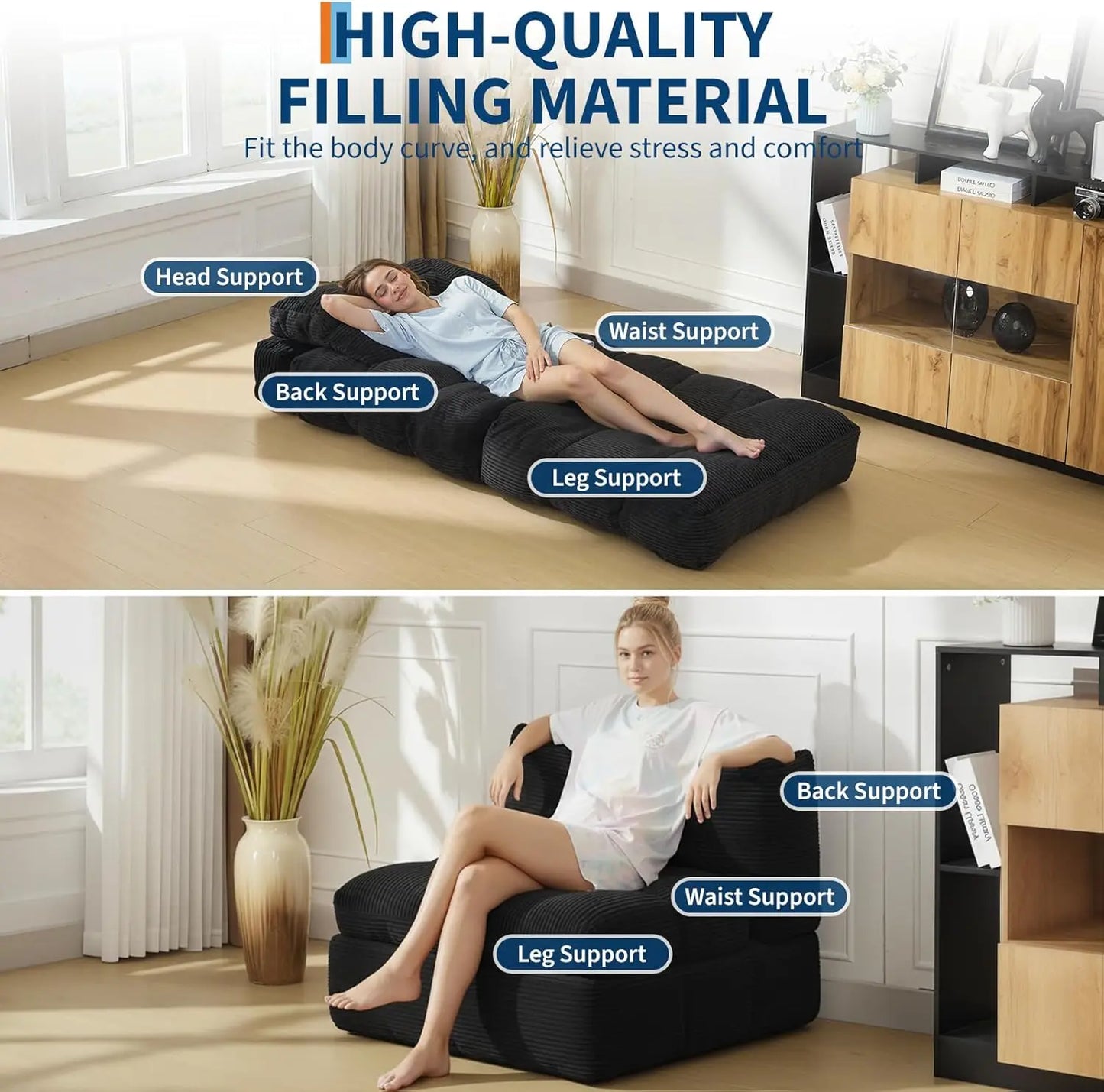 HiMISS 3-In-1 Folding Sofa Bed With Back Support And Pillow