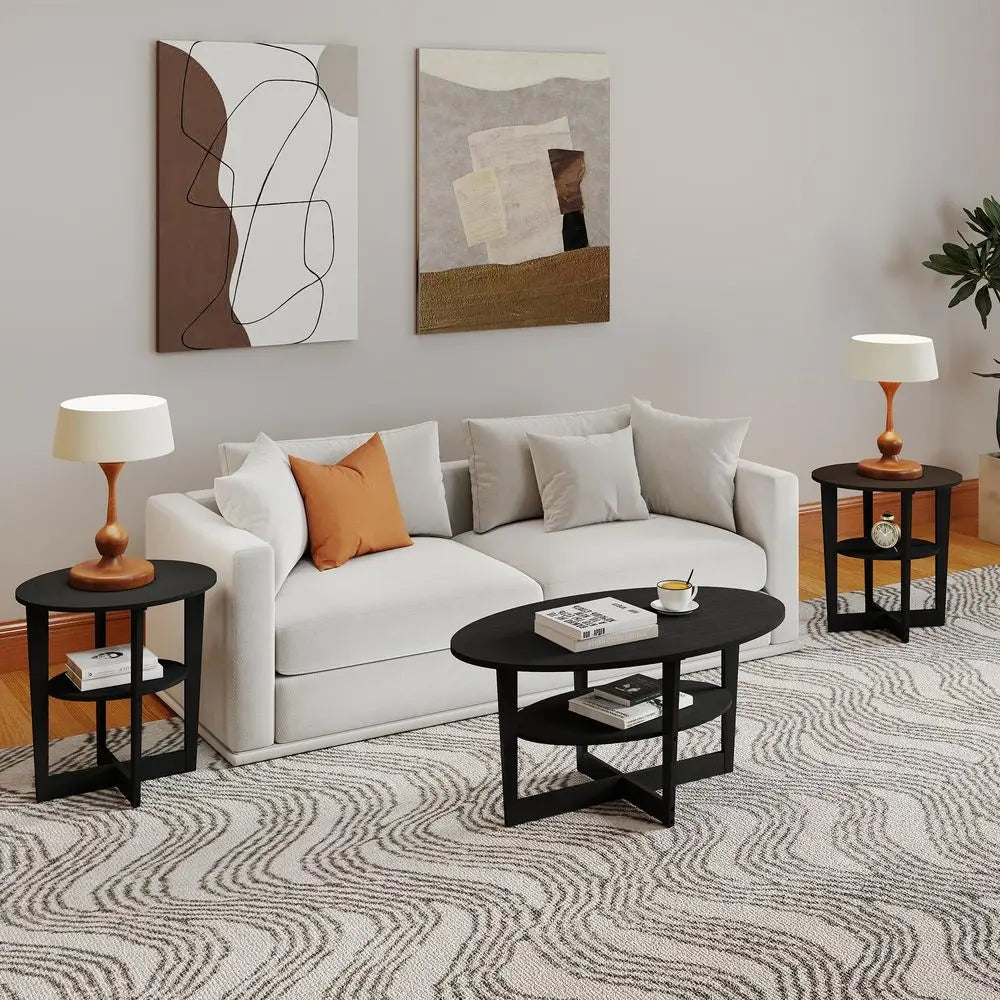 Wooden Coffee Table Set With Round End Tables
