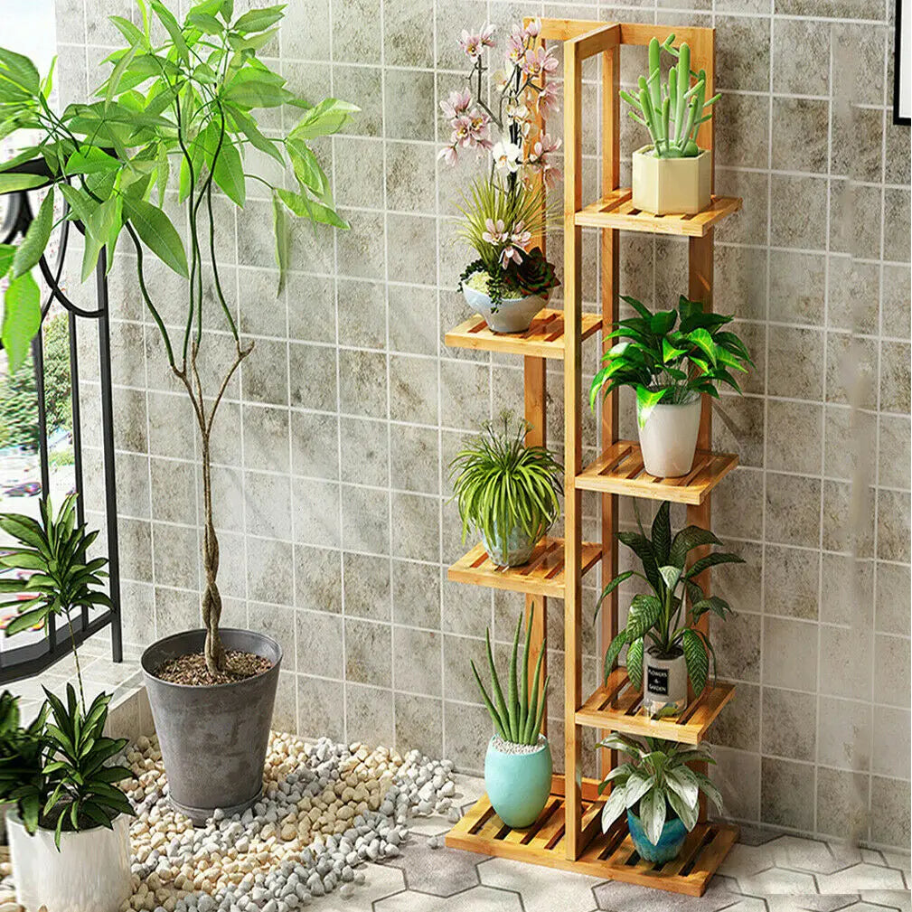 Natural Bamboo 6 Tier Plant Stand Corner Shelf for Indoor Outdoor
