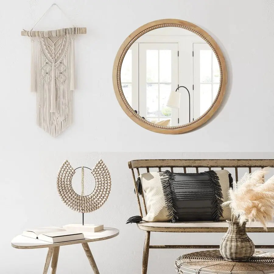 Round Wood Mirror,24 inch Circle Rustic Farmhouse Natural Wooden Frame Boho Beads Wall Mirror for Bathroom,Living Room,Bedroom o