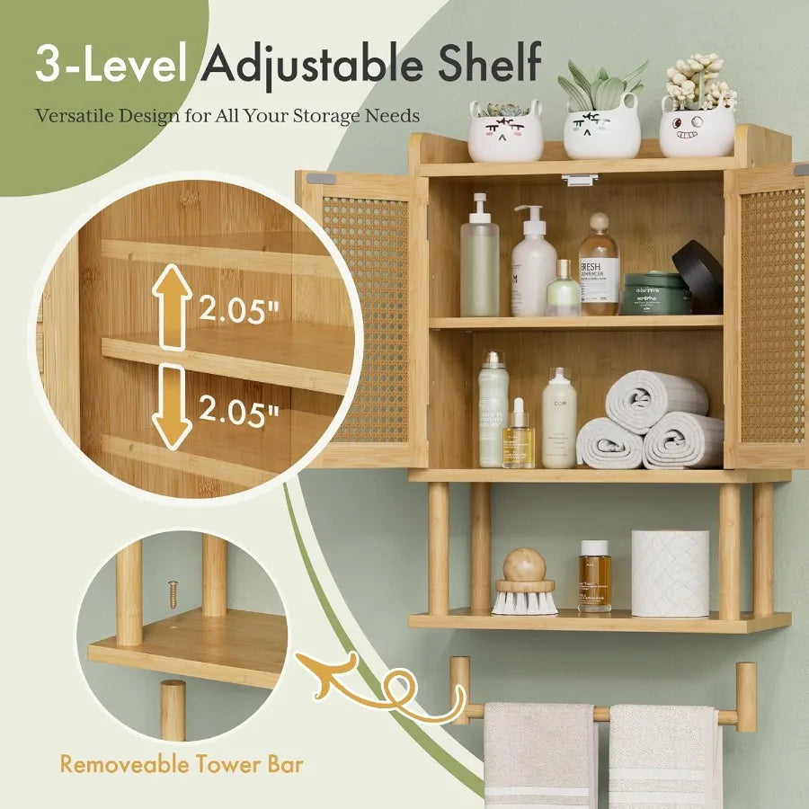 XIUWO Bamboo Over Toilet Wall Mounted Medicine Cabinet With Towel Bar