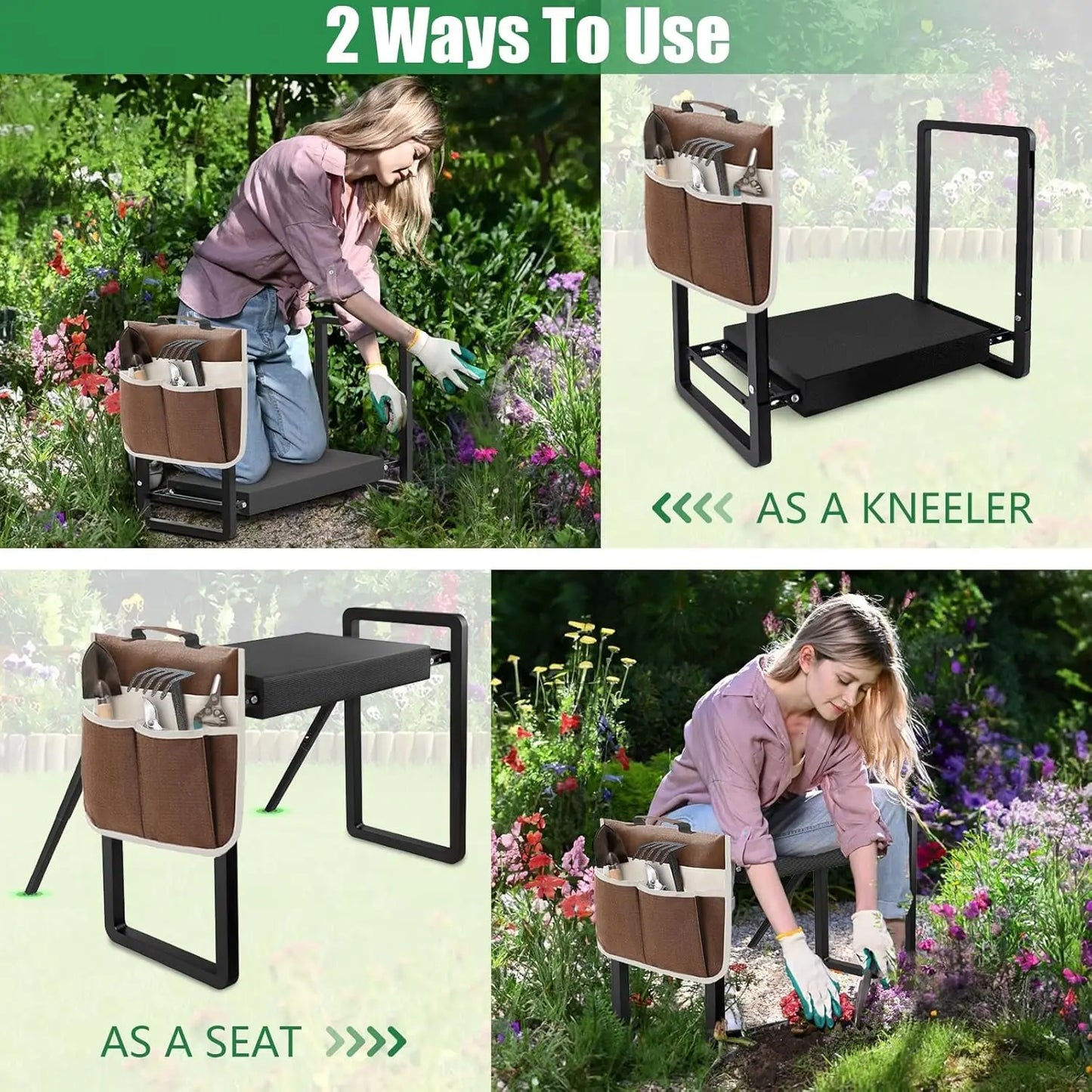 Foldable Garden Kneeler Seat With Anti-Tipping Design And Tool Bag