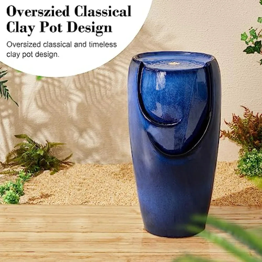 Outdoor Ceramic Jar Fountain With LED Light And Submersible Pump