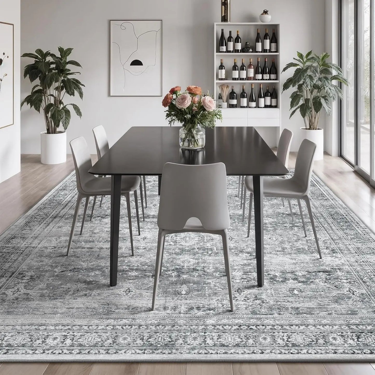 Washable Area Rug With Non-Slip Backing And Floral Design