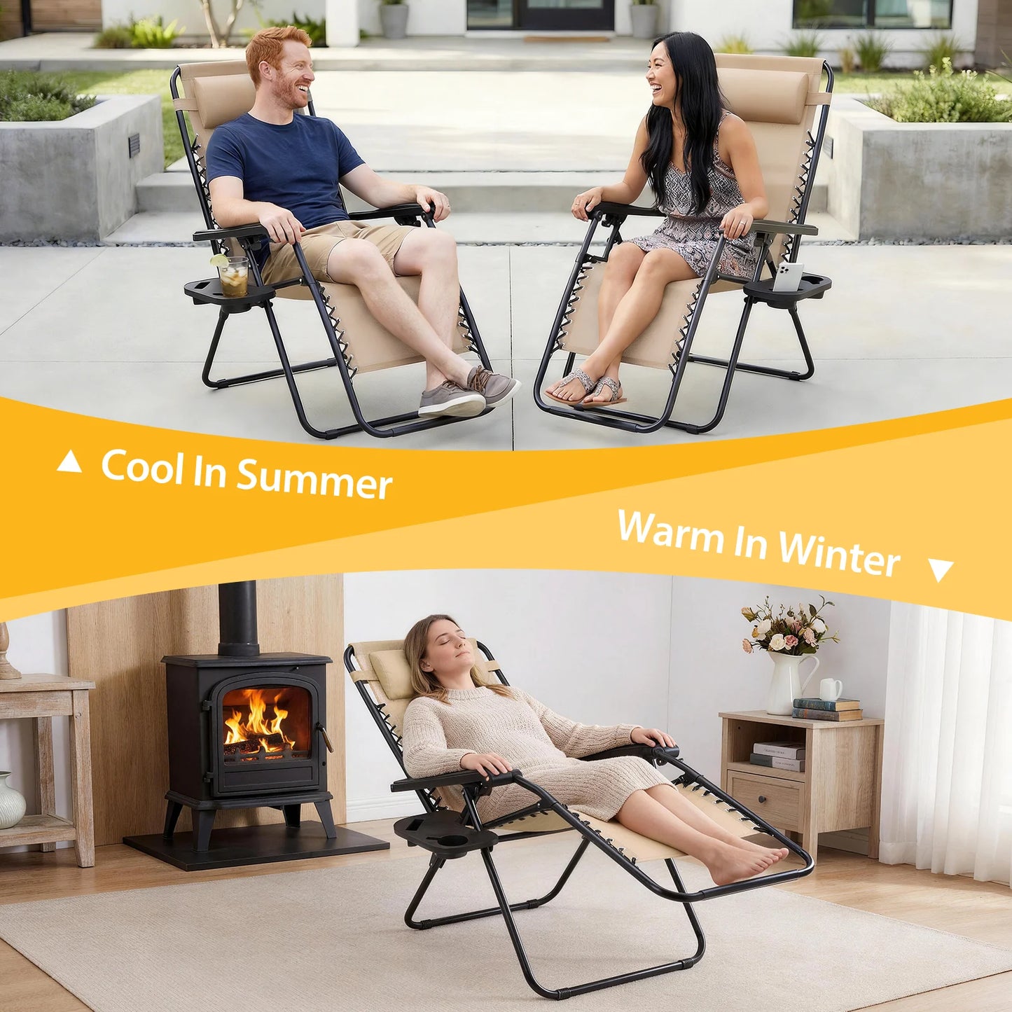JHK Portable Zero Gravity Outdoor Recliner Chairs Set Of 2 With Cup Holder Trays