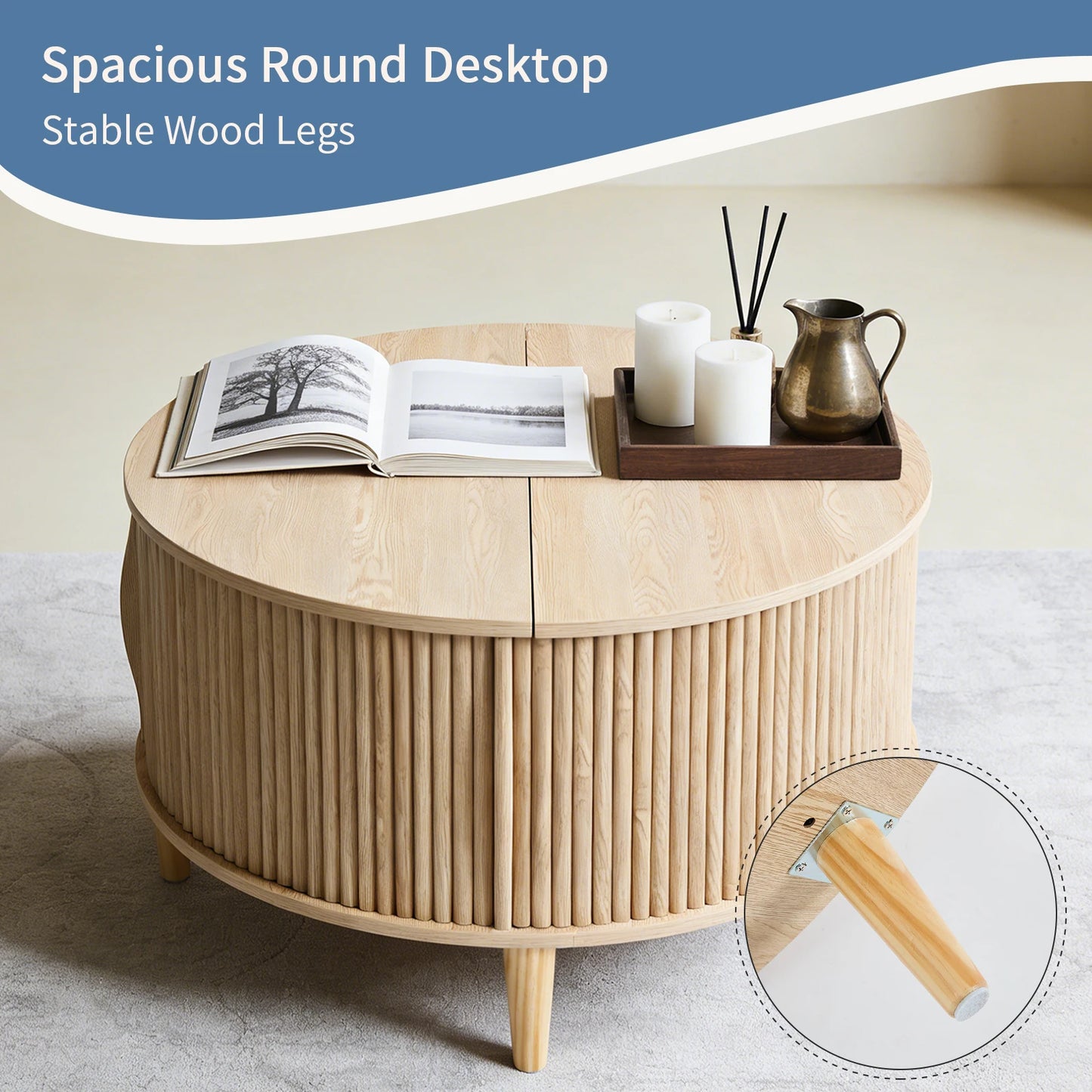 JHK Round Coffee Table With Flip Top Storage