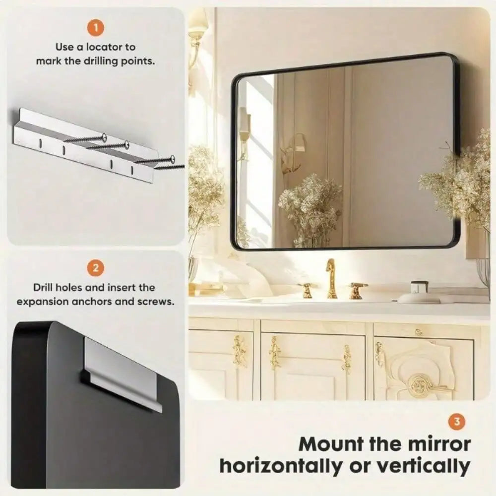Home Black Bathroom Wall Mirror Metal Frame Rectangular Anti-Rust Vanity Mirror