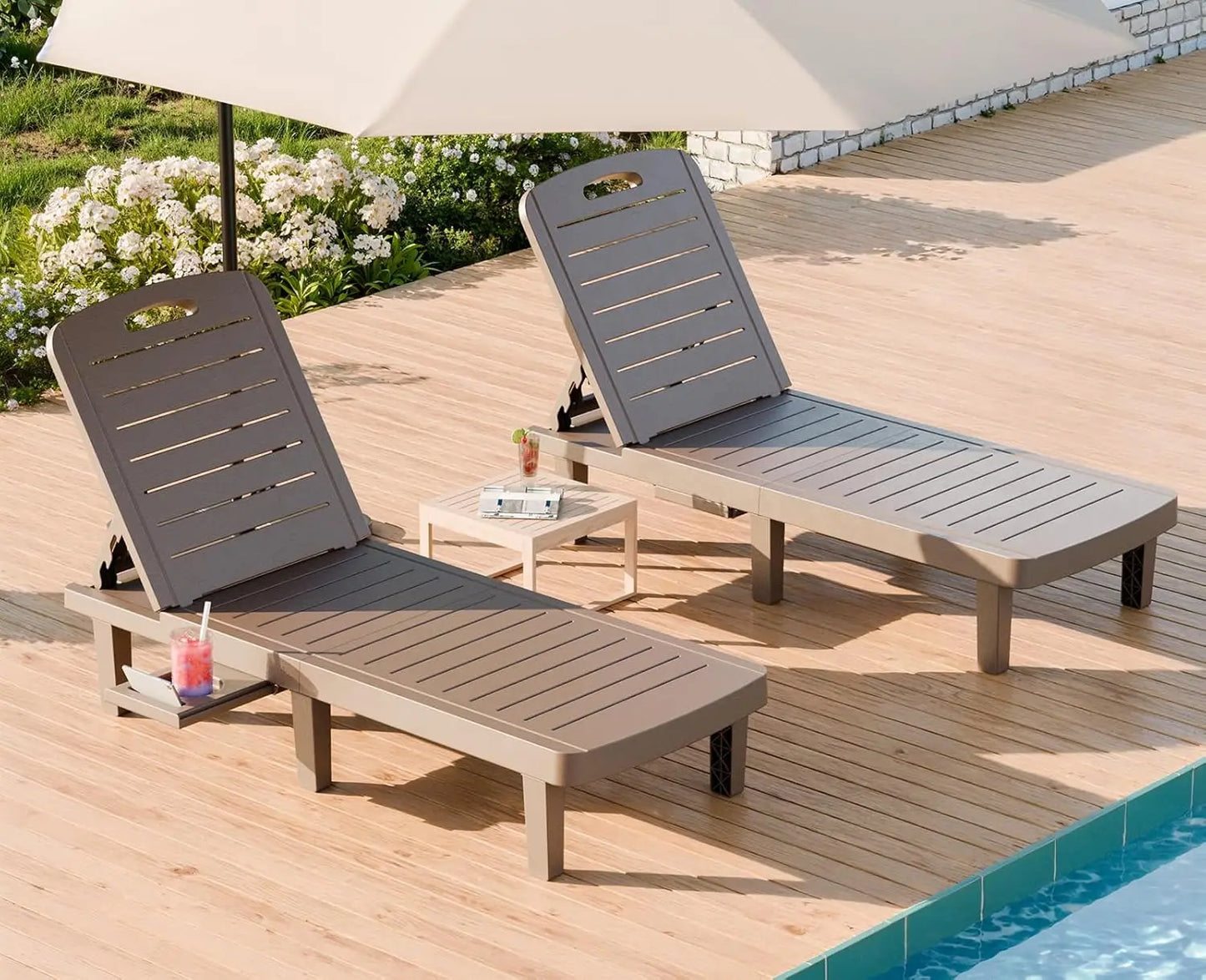 Waterproof Adjustable Resin Chaise Lounge Chair Set With Cup Holder