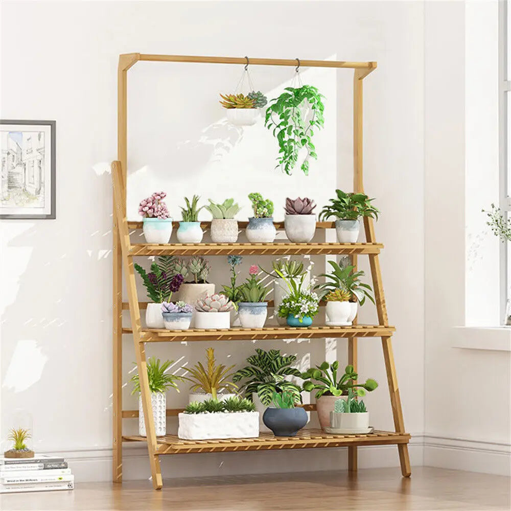 Folding Bamboo Plant Stand 3 Tier Indoor Outdoor Garden Shelf