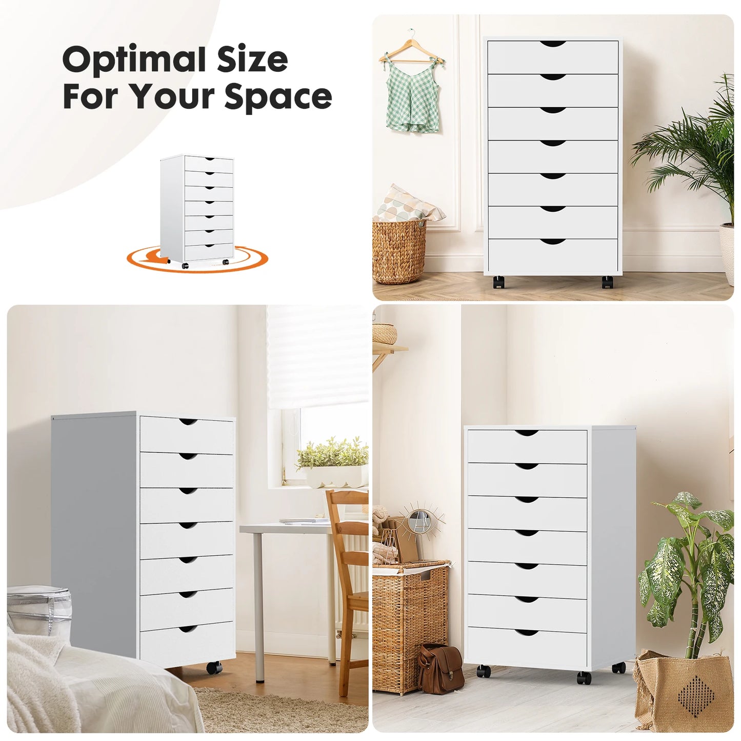 JHK 7 Drawer Chest Dresser With Rolling Storage Cabinet