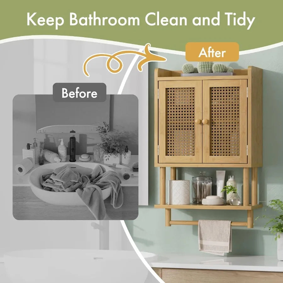 XIUWO Bamboo Over Toilet Wall Mounted Medicine Cabinet With Towel Bar