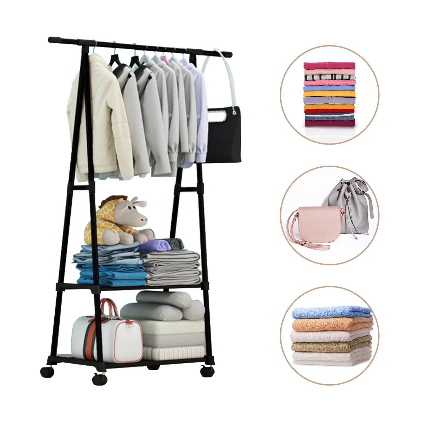 Stainless Steel 2-Tier Clothes Rack With Wheels And Hooks