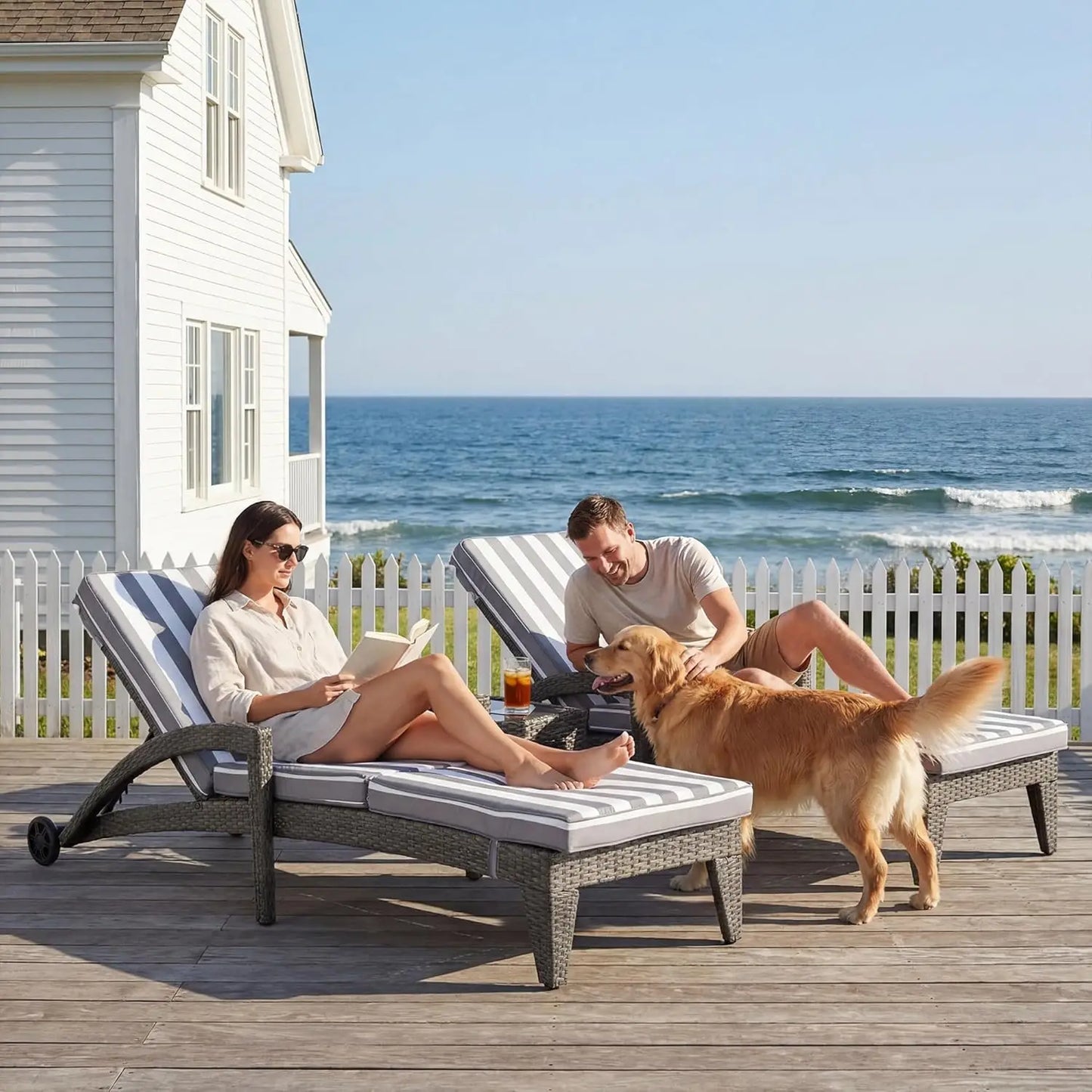 Adjustable Upholstered Chaise Lounge Set With Wicker Recliners