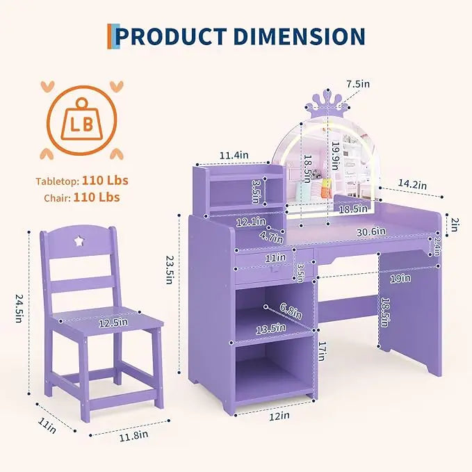 HiMISS Kids Vanity With Lights 2-in-1 Makeup Desk Chair