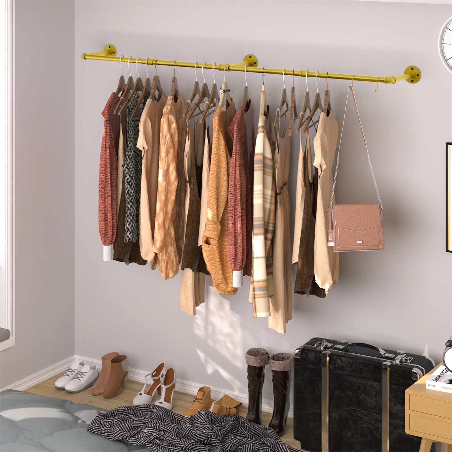 Industrial Pipe Clothes Rack With Wall Mount Shelf And Hooks