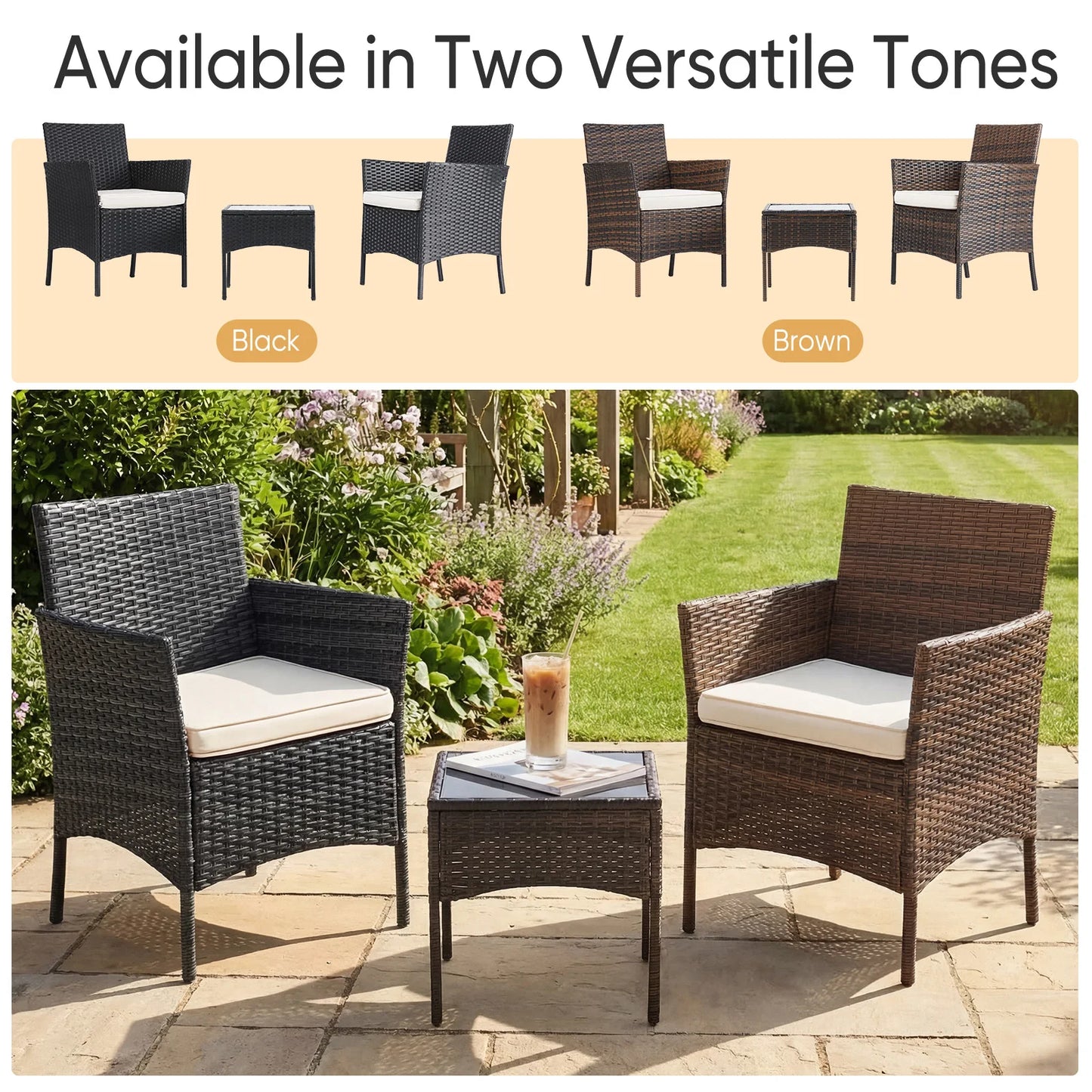 JHK Outdoor Rattan Patio Furniture Set With Wicker Chairs And Glass Table