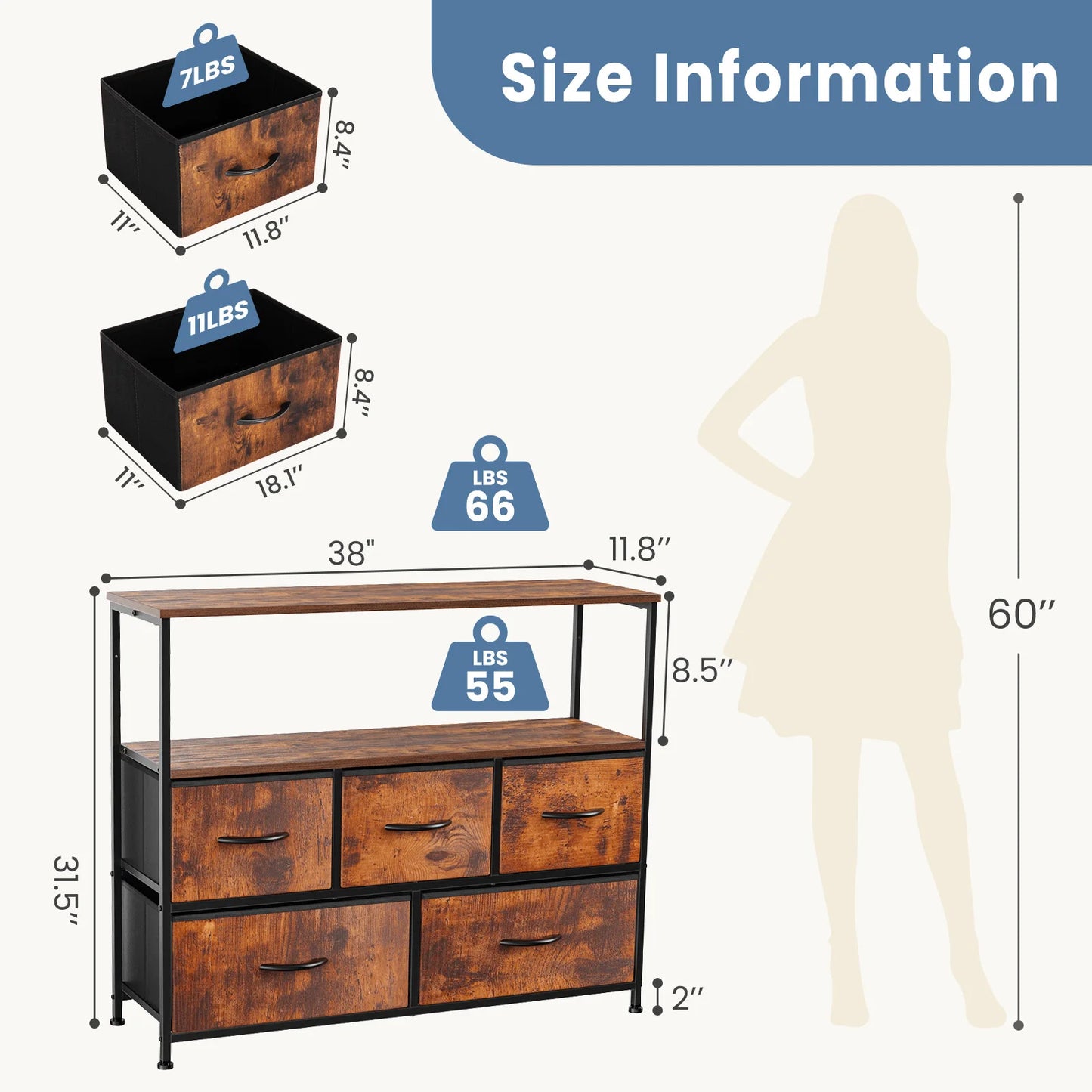JHK Fireplace TV Stand Dresser With Fabric Drawers And Storage