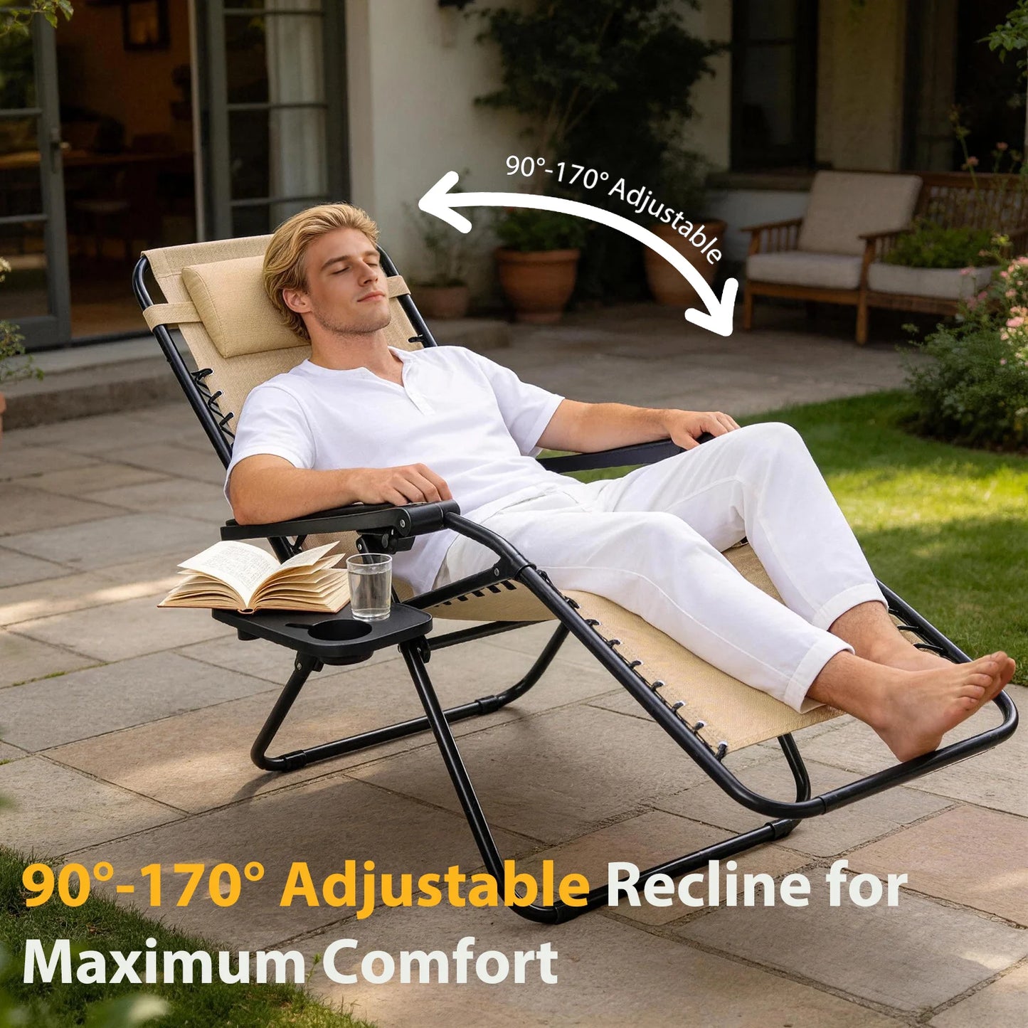 JHK Portable Zero Gravity Outdoor Recliner Chairs Set Of 2 With Cup Holder Trays