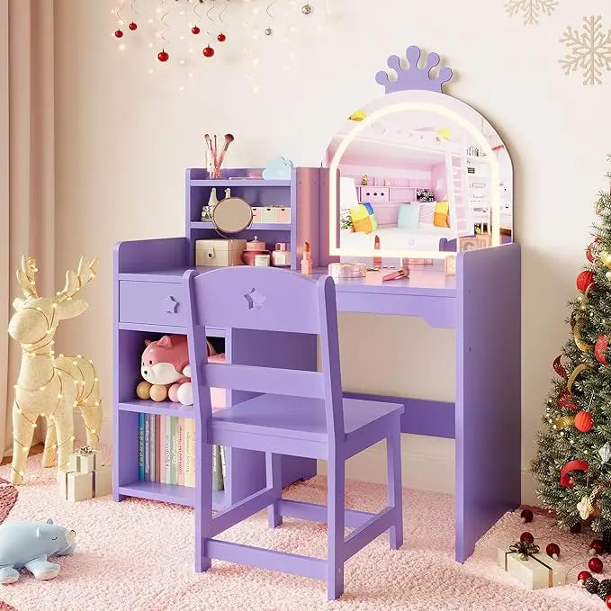 HiMISS Kids Vanity With Lights 2-in-1 Makeup Desk Chair