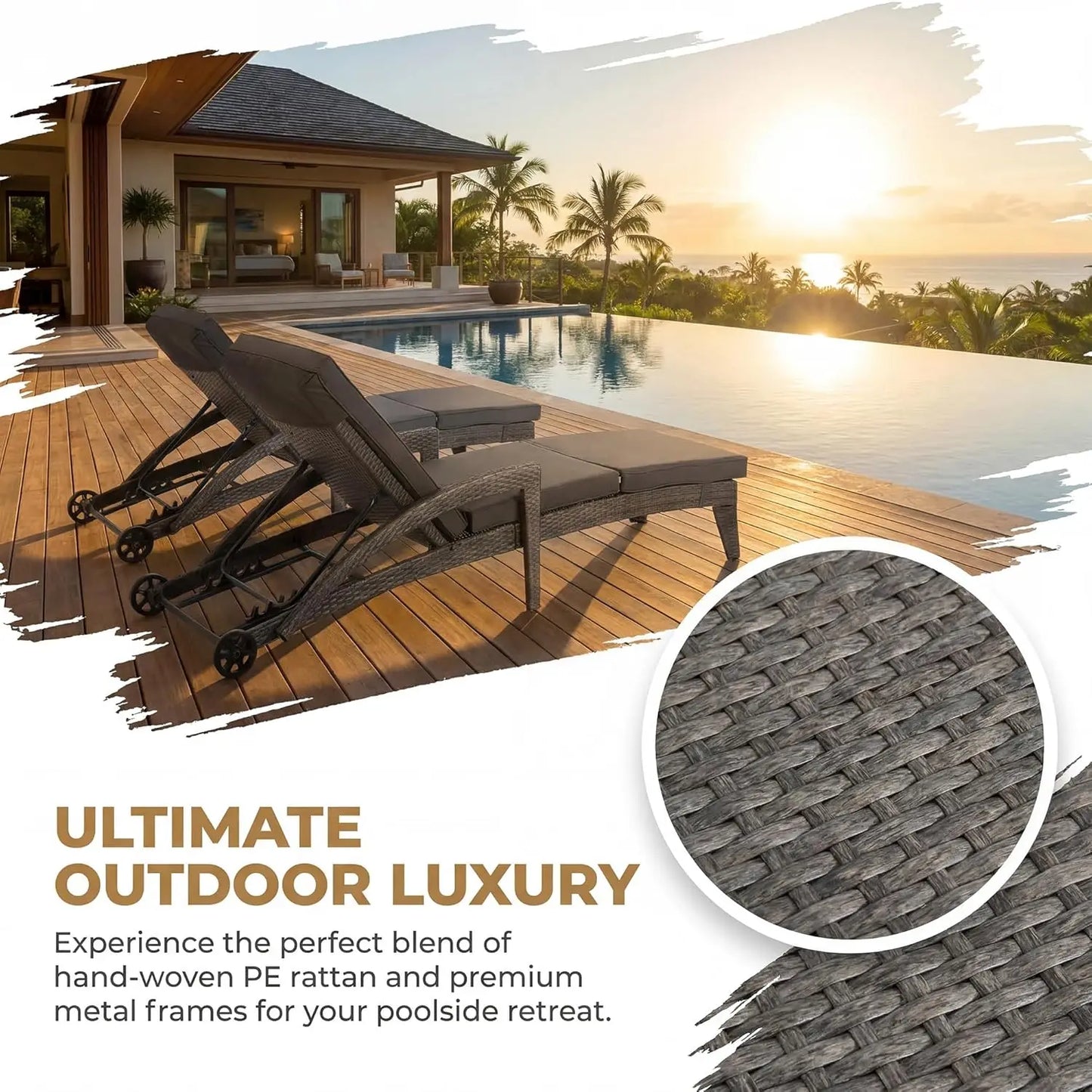 Adjustable Upholstered Chaise Lounge Set With Wicker Recliners