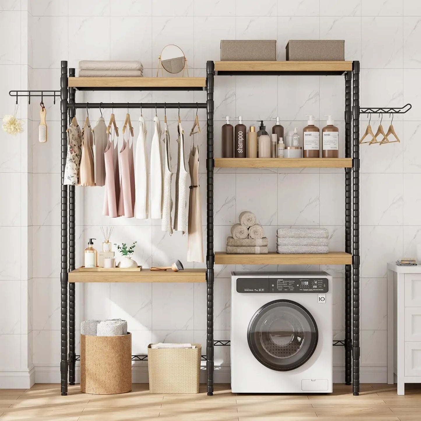 TWISTER.CK Over Washer Dryer Shelf 5 Tier Wood Laundry Organizer