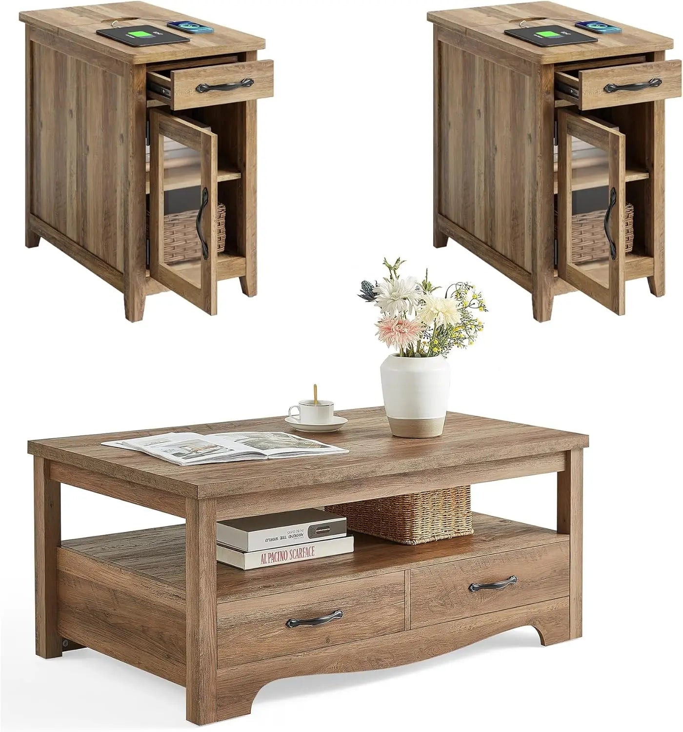 Farmhouse Style 3-Piece Coffee Table Set For Living Room