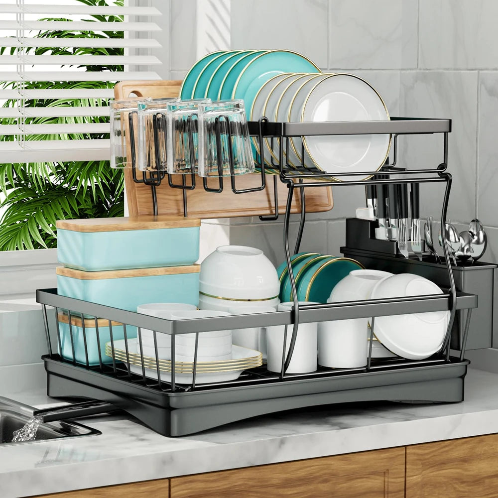 Two Tier Dish Drying Rack For Kitchen Countertops Large Capacity