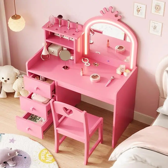 HiMISS Kids Vanity With Lights 2-in-1 Makeup Desk Chair