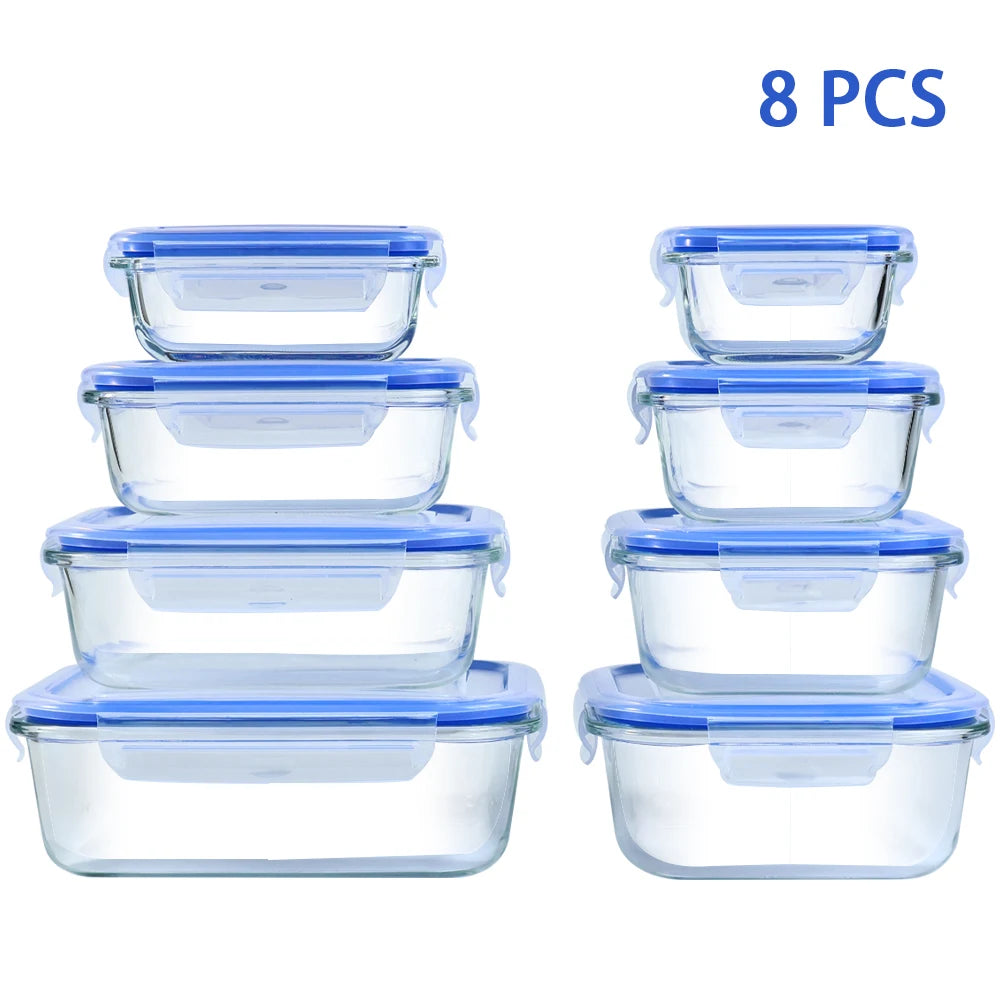 Glass Food Storage Containers Set Eight Pieces Leakproof Microwave Safe