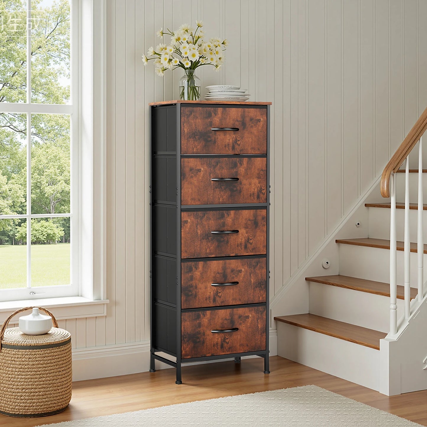 JHK Modern Dresser With Five Fabric Drawers And Nightstand